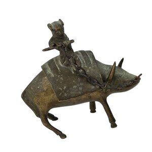 Antique Bronze Incense Burner Koro Karako On Buffalo Sculpture Japan 3.5"x3.25"